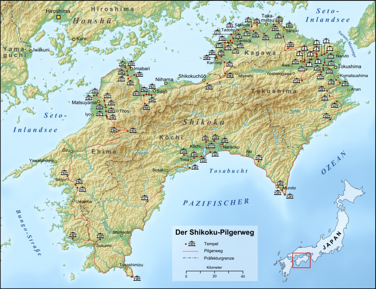 Shikoku, carte, temples, 88 sacred temple of Shikoku, Japan, 88 temples sacrés de Shikoku