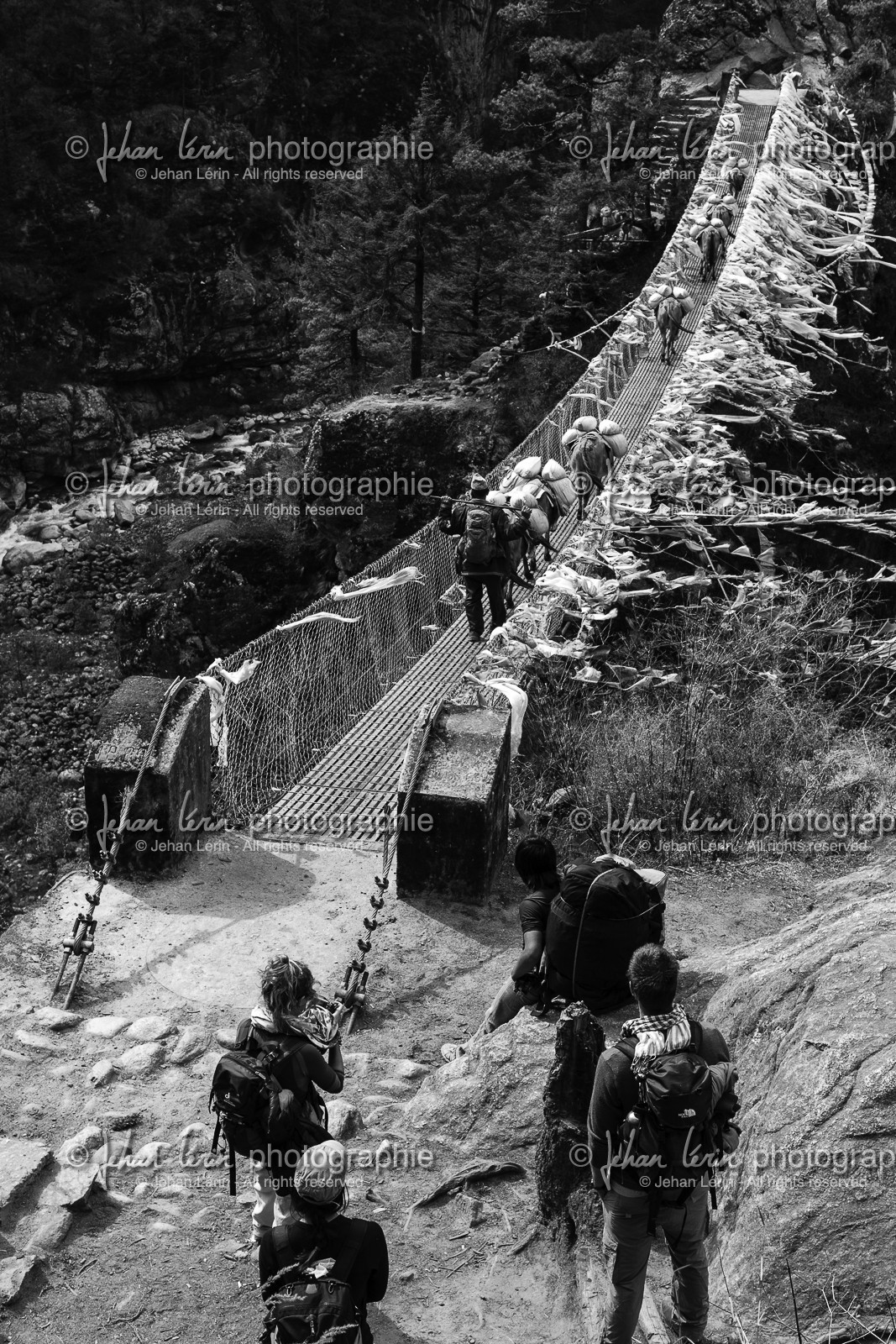 Passage d'un pont suspendu près de Larja Dobhan (3100m) - Région de l'Everest